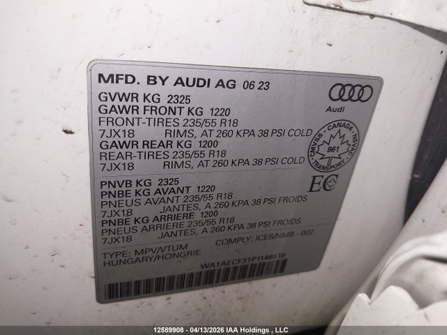 Aukcja sprzedaży 2023 Audi Q3 45 Komfort, vin: WA1AECF31P1148519, numer aukcji: 12589908
