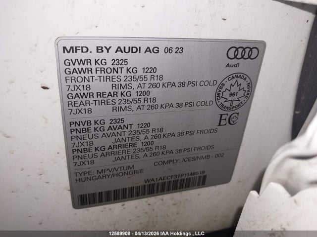 Aukcja sprzedaży 2023 Audi Q3 45 Komfort, vin: WA1AECF31P1148519, numer aukcji: 12589908