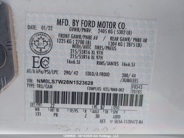 Aukcja sprzedaży 2022 Ford Transit Connect Xlt, vin: NM0LS7W28N1523628, numer aukcji: 12589925