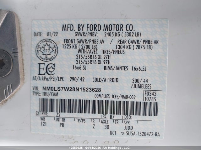 Aukcja sprzedaży 2022 Ford Transit Connect Xlt, vin: NM0LS7W28N1523628, numer aukcji: 12589925