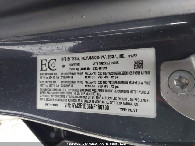 5YJ3E1EB6NF166790 Tesla MODEL 3