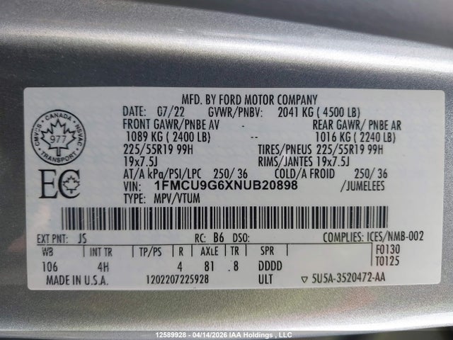1FMCU9G6XNUB20898 Ford ESCAPE SE