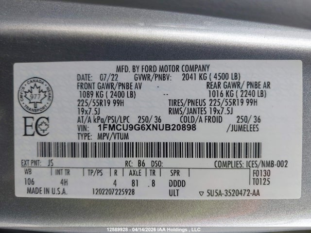 1FMCU9G6XNUB20898 Ford ESCAPE SE