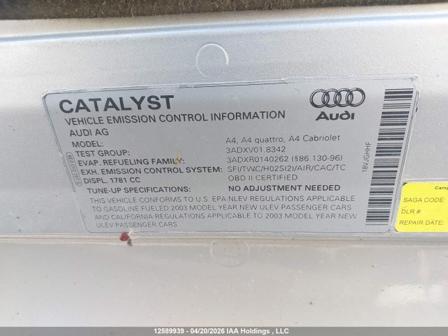 Aukcja sprzedaży 2003 Audi A4 1.8t, vin: WAUJC68E83A390341, numer aukcji: 12589939