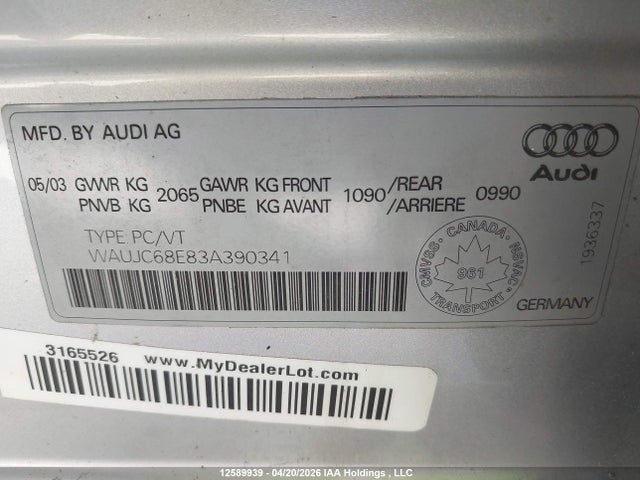 Aukcja sprzedaży 2003 Audi A4 1.8t, vin: WAUJC68E83A390341, numer aukcji: 12589939