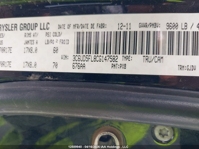Продаж на аукціоні авто 2012 Dodge Ram 2500 Laramie, vin: 3C6UD5FL8CG147582, номер лоту: 12589940