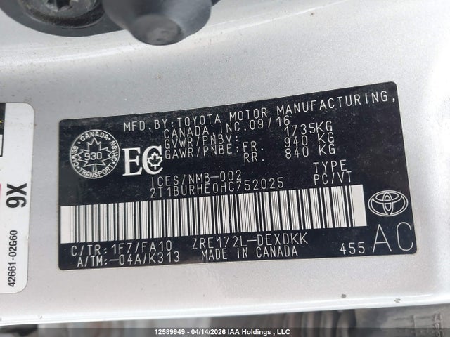 12589949 :رقم المزاد ، 2T1BURHE0HC752025 vin ، 2017 Toyota Corolla Ce مزاد بيع