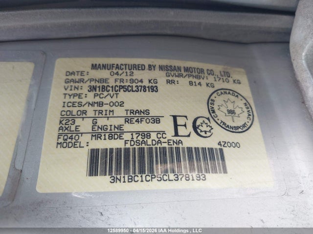 Aukcja sprzedaży 2012 Nissan Versa S/sl, vin: 3N1BC1CP5CL378193, numer aukcji: 12589950