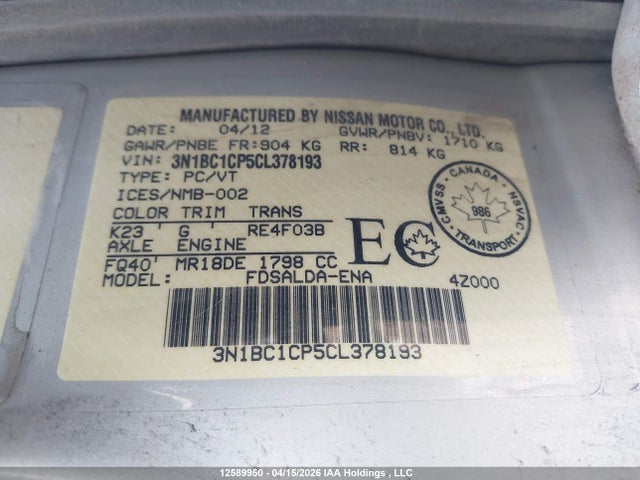 Aukcja sprzedaży 2012 Nissan Versa S/sl, vin: 3N1BC1CP5CL378193, numer aukcji: 12589950