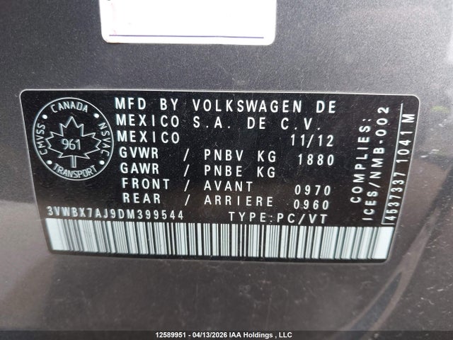 12589951 :رقم المزاد ، 3VWBX7AJ9DM399544 vin ، 2013 Volkswagen Jetta Se مزاد بيع