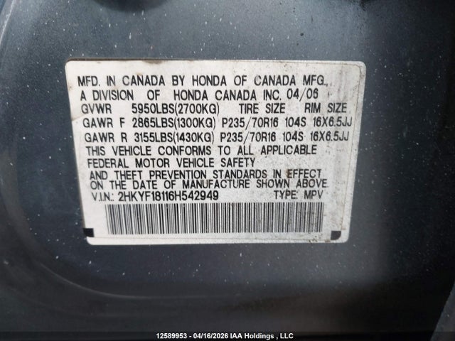 Aukcja sprzedaży 2006 Honda Pilot Lx, vin: 2HKYF18116H542949, numer aukcji: 12589953