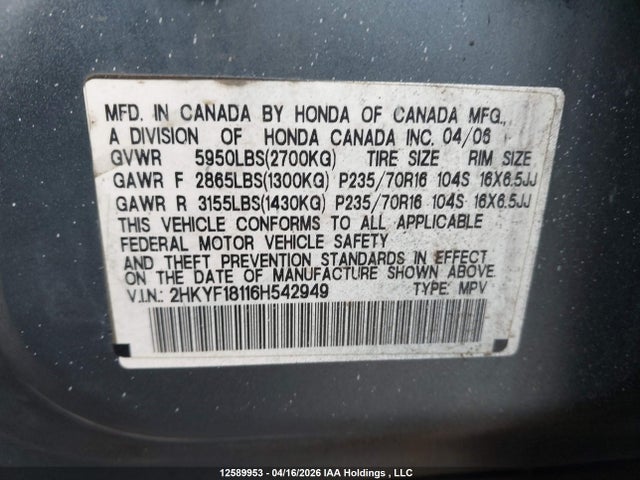 Aukcja sprzedaży 2006 Honda Pilot Lx, vin: 2HKYF18116H542949, numer aukcji: 12589953