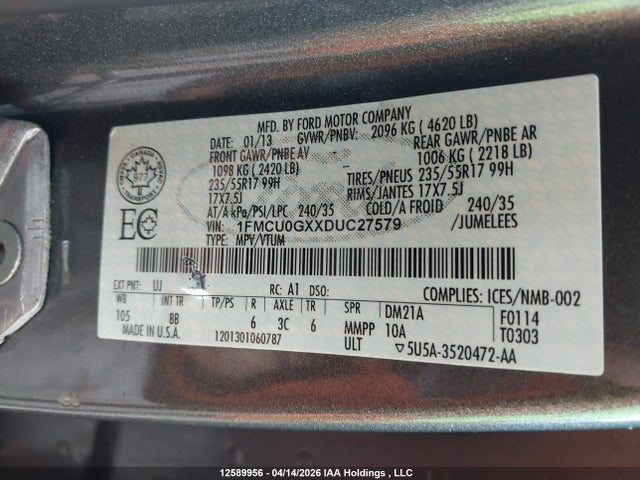 2013 Ford Escape მანქანა იყიდება აუქციონზე, vin: 1FMCU0GXXDUC27579, აუქციონის ნომერი: 12589956