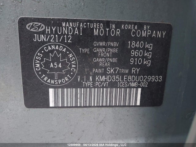12589958 :رقم المزاد ، KMHD35LE8DU029933 vin ، 2013 Hyundai Elantra Gt مزاد بيع