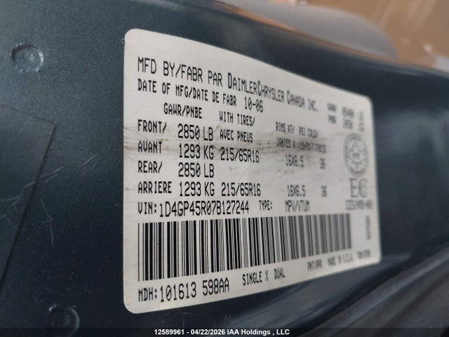 Aukcja sprzedaży 2007 Dodge Caravan Sxt, vin: 1D4GP45R07B127244, numer aukcji: 12589961