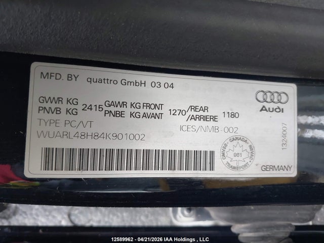 12589962 :رقم المزاد ، WUARL48H84K901002 vin ، 2004 Audi S4 Quattro Cabriolet مزاد بيع
