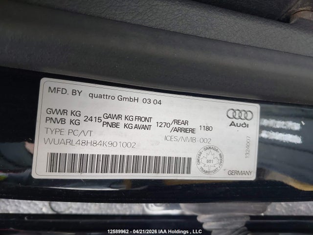 12589962 :رقم المزاد ، WUARL48H84K901002 vin ، 2004 Audi S4 Quattro Cabriolet مزاد بيع