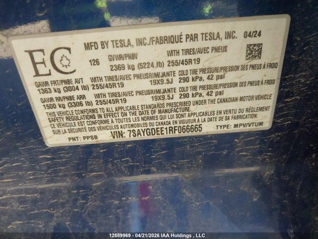 Продаж на аукціоні авто 2024 Tesla Model Y Long Range, vin: 7SAYGDEE1RF066665, номер лоту: 12589969
