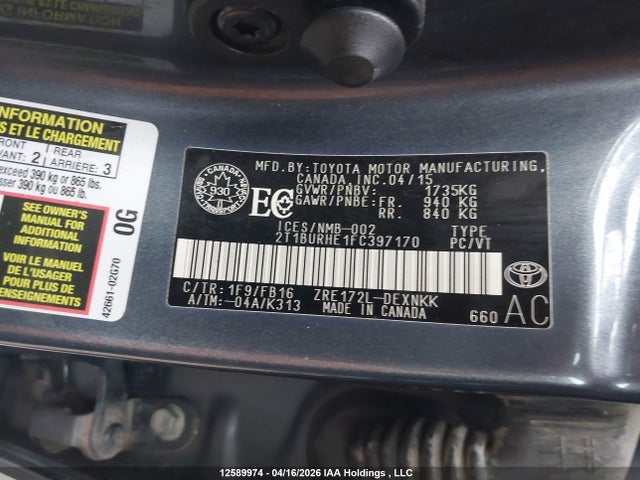 Продаж на аукціоні авто 2015 Toyota Corolla Le, vin: 2T1BURHE1FC397170, номер лоту: 12589974