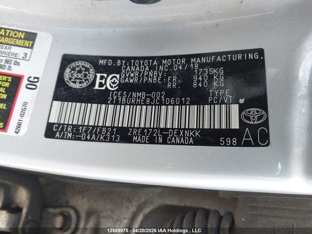2T1BURHE8JC106012 Toyota Corolla L/le/xle/se/xse