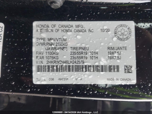 12589985 :رقم المزاد ، 2HKRW2H46LH242579 vin ، 2020 Honda Cr-v Sport مزاد بيع