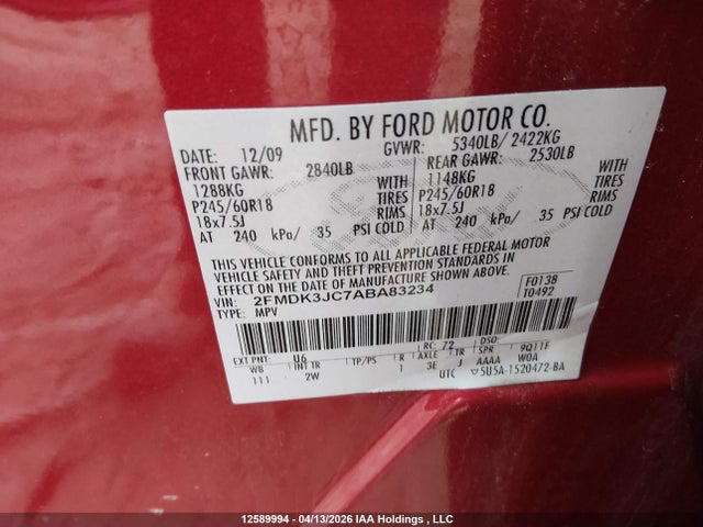 Продажа на аукционе авто 2010 Ford Edge Sel, vin: 2FMDK3JC7ABA83234, номер лота: 12589994