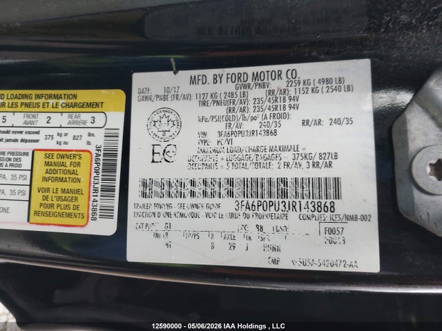 Aukcja sprzedaży 2018 Ford Fusion Energi Se Luxury, vin: 3FA6P0PU3JR143868, numer aukcji: 12590000