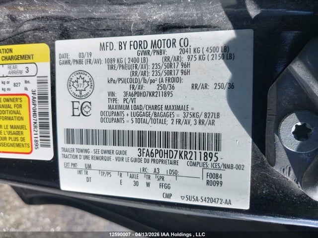 12590007 :رقم المزاد ، 3FA6P0HD7KR211895 vin ، 2019 Ford Fusion Se مزاد بيع
