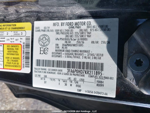 12590007 :رقم المزاد ، 3FA6P0HD7KR211895 vin ، 2019 Ford Fusion Se مزاد بيع