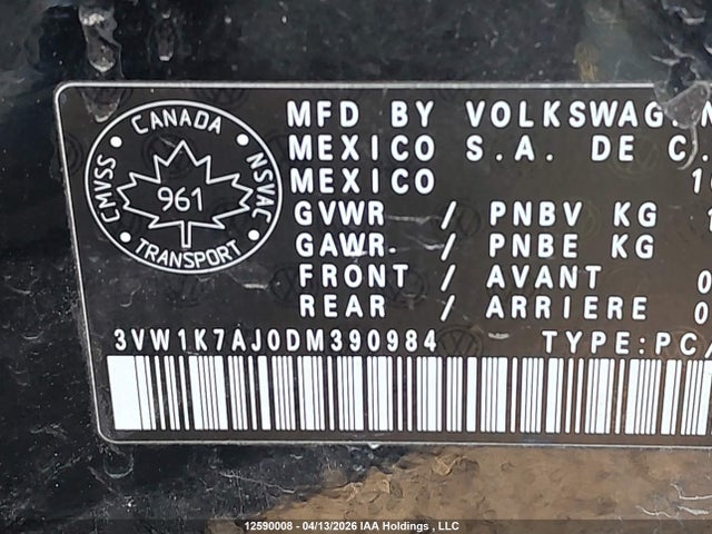 Aukcja sprzedaży 2013 Volkswagen Jetta S, vin: 3VW1K7AJ0DM390984, numer aukcji: 12590008