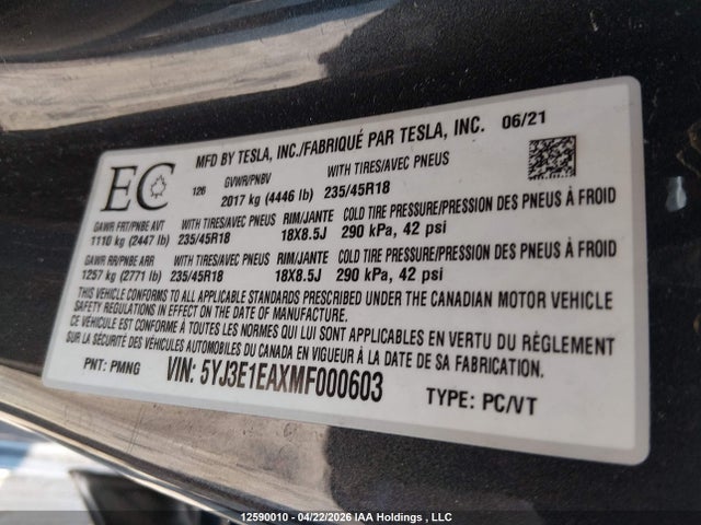 12590010 :رقم المزاد ، 5YJ3E1EAXMF000603 vin ، 2021 Tesla Model 3 Standard Range/standard Range Plus مزاد بيع