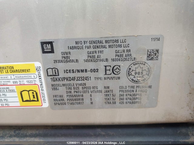 1GKKVPKD4FJ232451 GMC ACADIA SLE