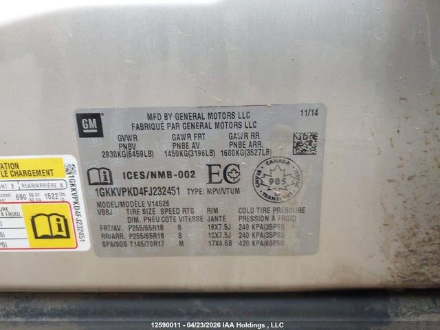 1GKKVPKD4FJ232451 GMC ACADIA SLE