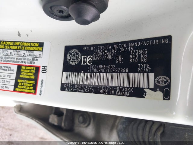 2015 Toyota Corolla S მანქანა იყიდება აუქციონზე, vin: 2T1BURHE2FC427888, აუქციონის ნომერი: 12590016