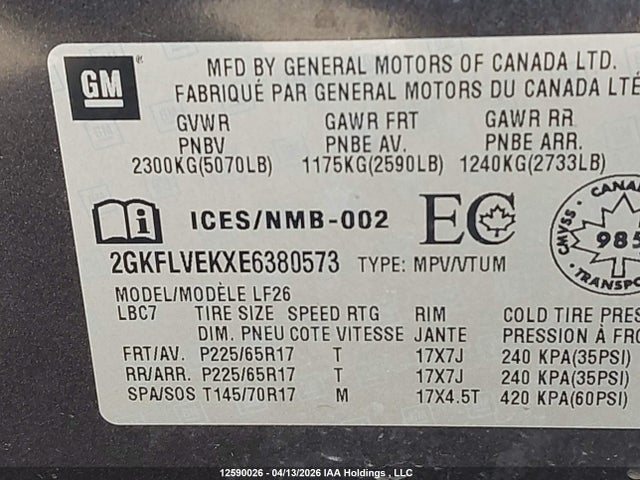 12590026 :رقم المزاد ، 2GKFLVEKXE6380573 vin ، 2014 Gmc Terrain Sle مزاد بيع