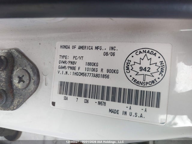 Продажа на аукционе авто 2007 Honda Accord Ex, vin: 1HGCM56777A801856, номер лота: 12590027