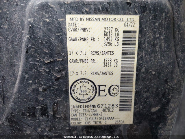 Продаж на аукціоні авто 2022 Nissan Frontier Sv, vin: 1N6ED1FK4NN671283, номер лоту: 12590034