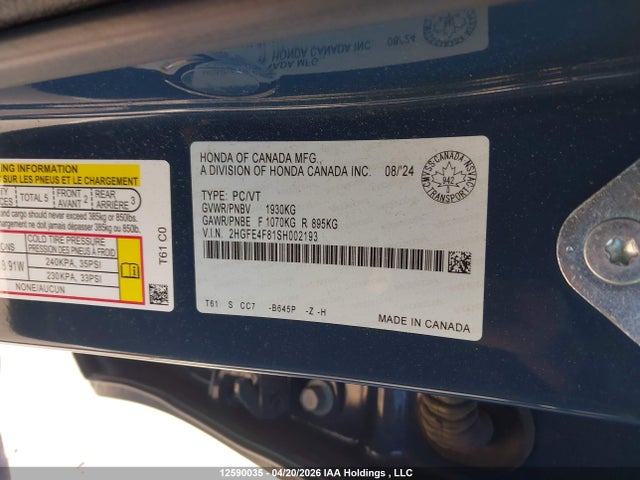 Aukcja sprzedaży 2025 Honda Civic Sport Hybrid/sport Touring Hybrid, vin: 2HGFE4F81SH002193, numer aukcji: 12590035