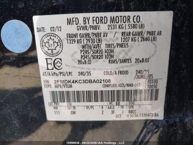 12590036 :رقم المزاد ، 2FMDK4KC3DBA02108 vin ، 2013 Ford Edge Limited مزاد بيع