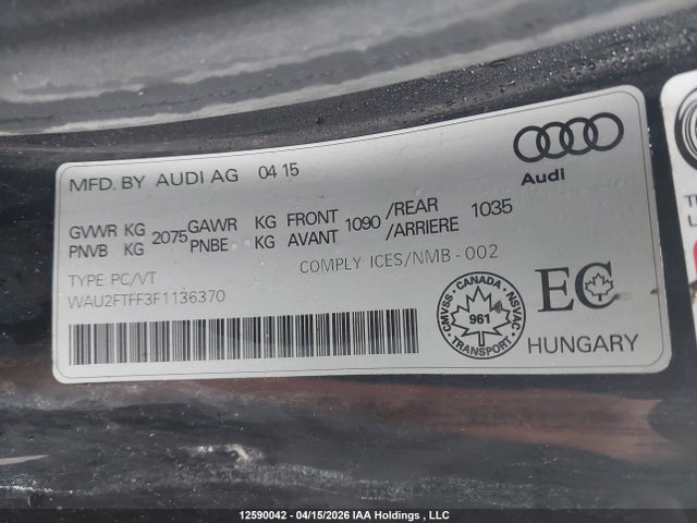 12590042 :رقم المزاد ، WAU2FTFF3F1136370 vin ، 2015 Audi A3 مزاد بيع