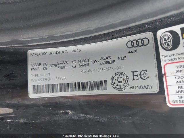 12590042 :رقم المزاد ، WAU2FTFF3F1136370 vin ، 2015 Audi A3 مزاد بيع