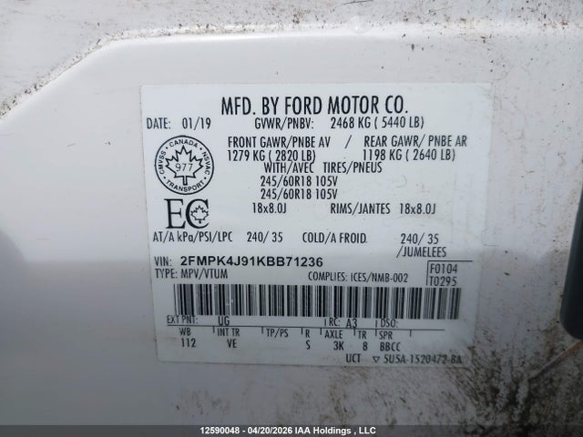 Aukcja sprzedaży 2019 Ford Edge Sel, vin: 2FMPK4J91KBB71236, numer aukcji: 12590048