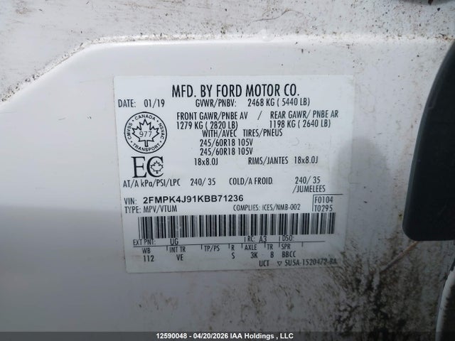 Aukcja sprzedaży 2019 Ford Edge Sel, vin: 2FMPK4J91KBB71236, numer aukcji: 12590048