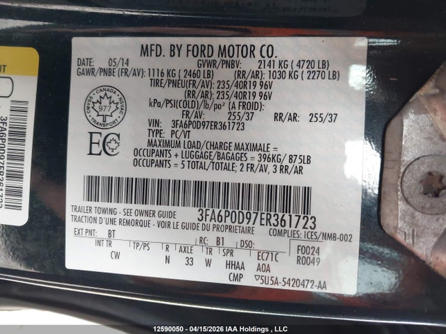 2014 Ford Fusion Titanium მანქანა იყიდება აუქციონზე, vin: 3FA6P0D97ER361723, აუქციონის ნომერი: 12590050