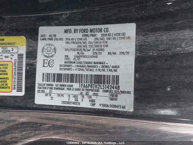 12590052 :رقم المزاد ، 1FA6P8TH2L5142448 vin ، 2020 Ford Mustang Ecoboost مزاد بيع