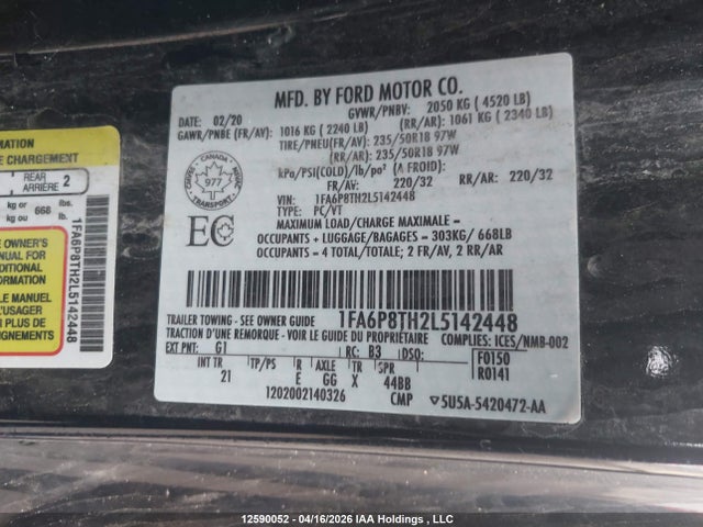 12590052 :رقم المزاد ، 1FA6P8TH2L5142448 vin ، 2020 Ford Mustang Ecoboost مزاد بيع