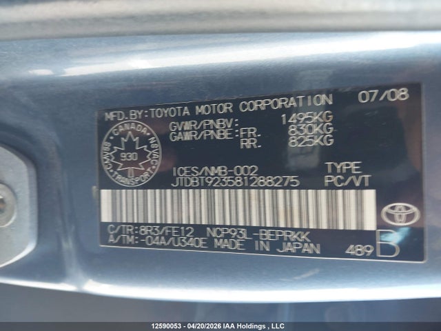 2008 Toyota Yaris მანქანა იყიდება აუქციონზე, vin: JTDBT923581288275, აუქციონის ნომერი: 12590053