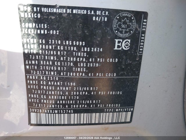 3VV2B7AX8JM152745 Volkswagen Tiguan Se/sel