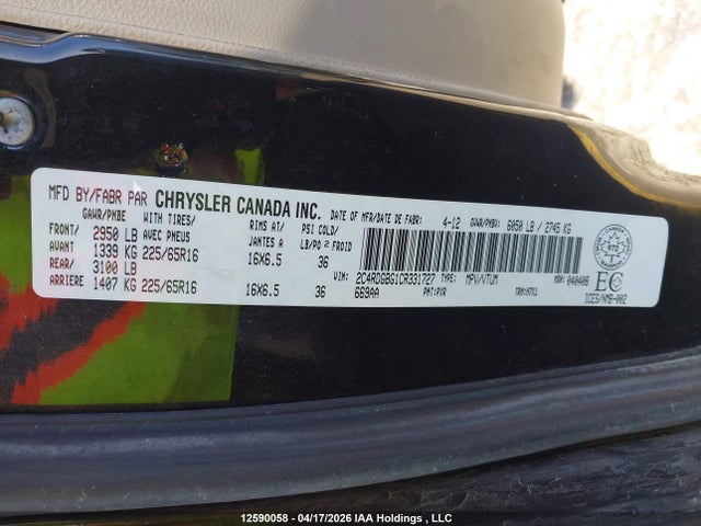 2012 Dodge Grand Caravan მანქანა იყიდება აუქციონზე, vin: 2C4RDGBG1CR331727, აუქციონის ნომერი: 12590058