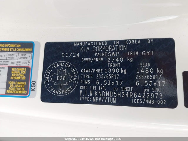 Aukcja sprzedaży 2024 Kia Carnival Lx, vin: KNDNB5H34R6422973, numer aukcji: 12590060